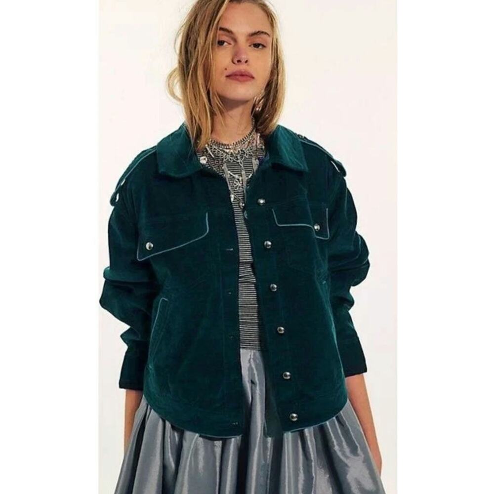 New FREE PEOPLE We The Free Officer Velvet Jacket $198 X-SMALL Emerald Green